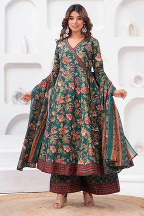 Green Color Floral Printed Cotton Anarkali Suit With Palazzo