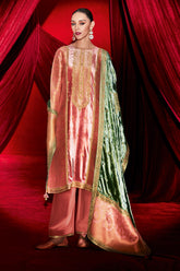 Dark Peach Color Velvet & Brocade Silk Dual-Fabric Designed Unstitched Suit Material