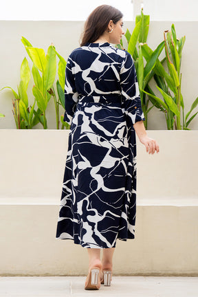 Navy Blue Color Rayon Printed Peonies Dress