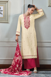 Red & Cream Color Embroidered Unstitched Suit Material