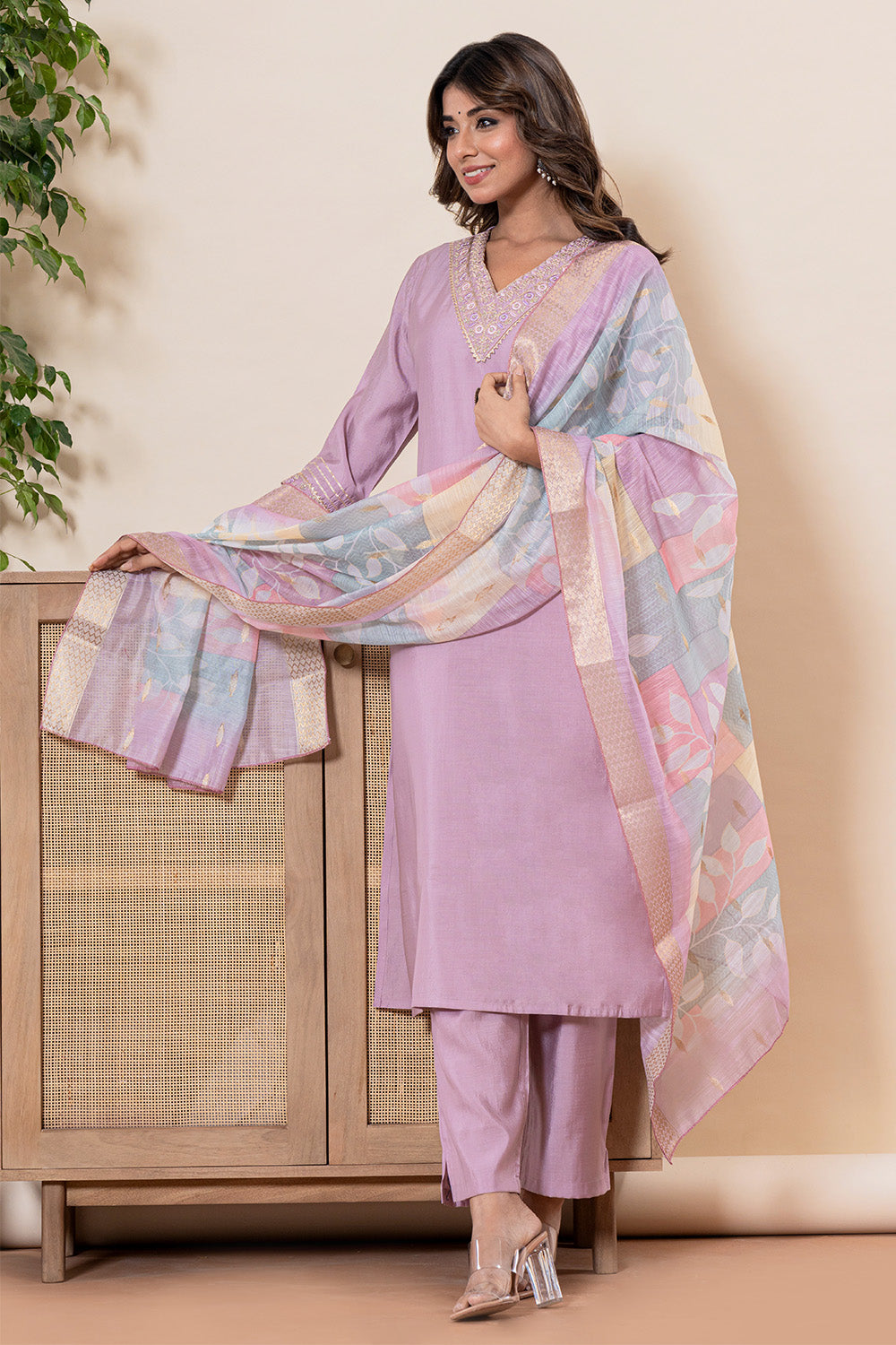 Mauve Color Muslin Neck Embroidered Straight Suit
