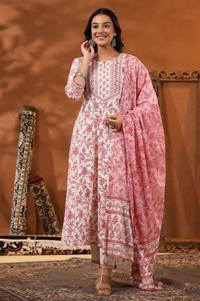 Cream & Pink Color Floral Printed Cotton Anarkali Suit