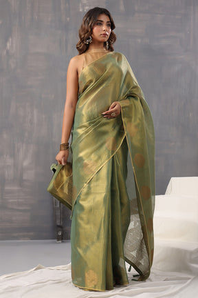 Green Color Organza Cotton Golden Zari Woven Saree