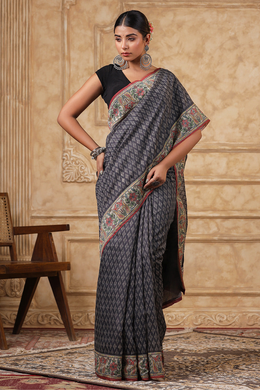 Grey Color Printed Cotton Saree