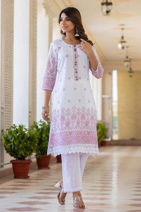 White & Pink Color Printed Cotton Suit