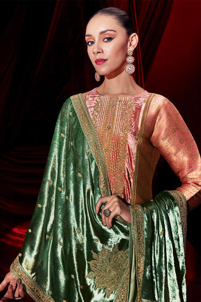 Dark Peach Color Velvet & Brocade Silk Dual-Fabric Designed Unstitched Suit Material