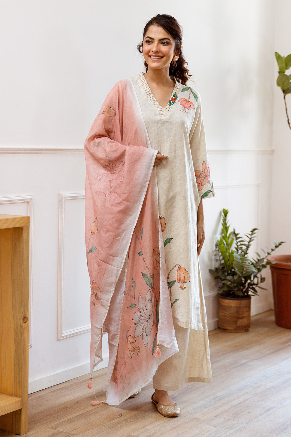 Cream Color Khadi Cotton Printed Suit