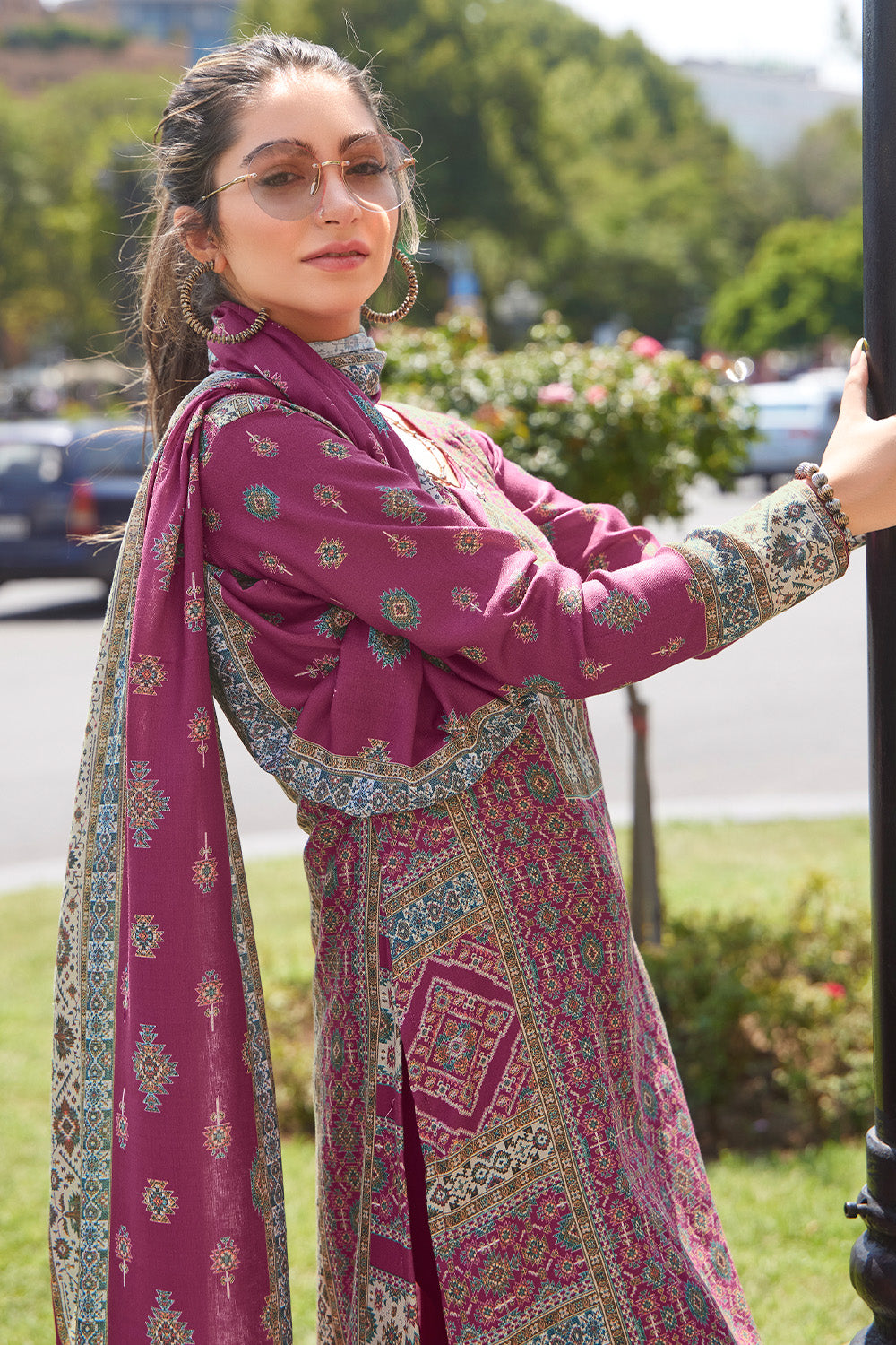 Dark Mauve Color Pashmina Printed Unstitched Suit Material