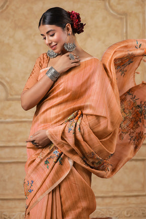 Brown Color Tussar Silk Saree