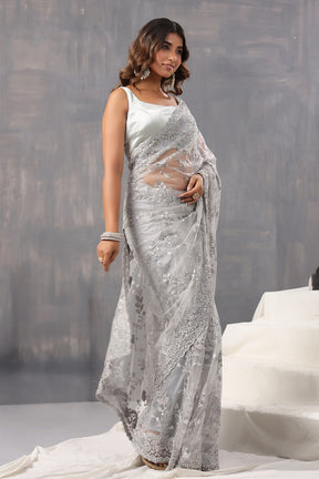 Grey Color Net Embroidered Saree