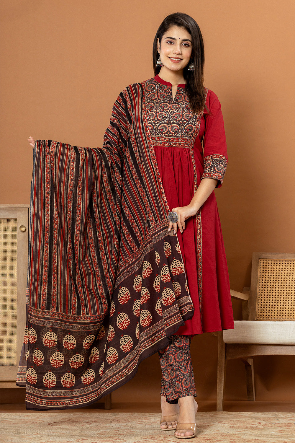 Maroon Color Printed Cotton Anarkali Suit