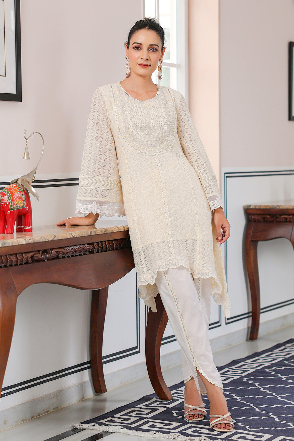 Cream Color Cotton Chikankari Kurta Set