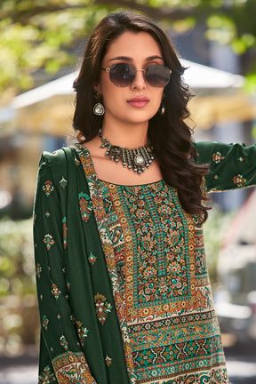 Green Color Printed Spun Fabric Unstitched Suit