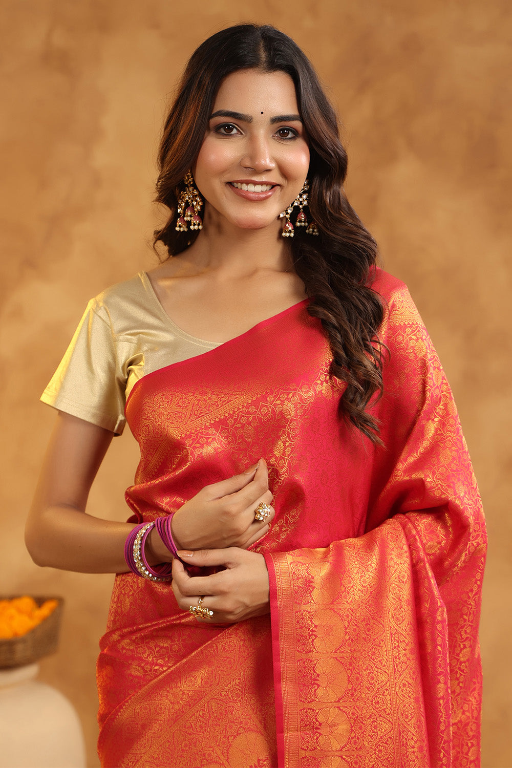 Deep Carmine Pink Color Silk Zari Woven Saree