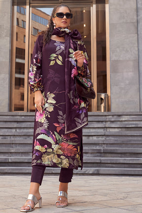 Plum Purple Color Spun Floral Printed Unstitched Suit