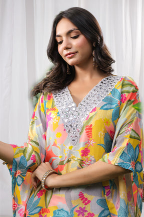 Grey & Mustard Color Muslin Printed Kaftan Set