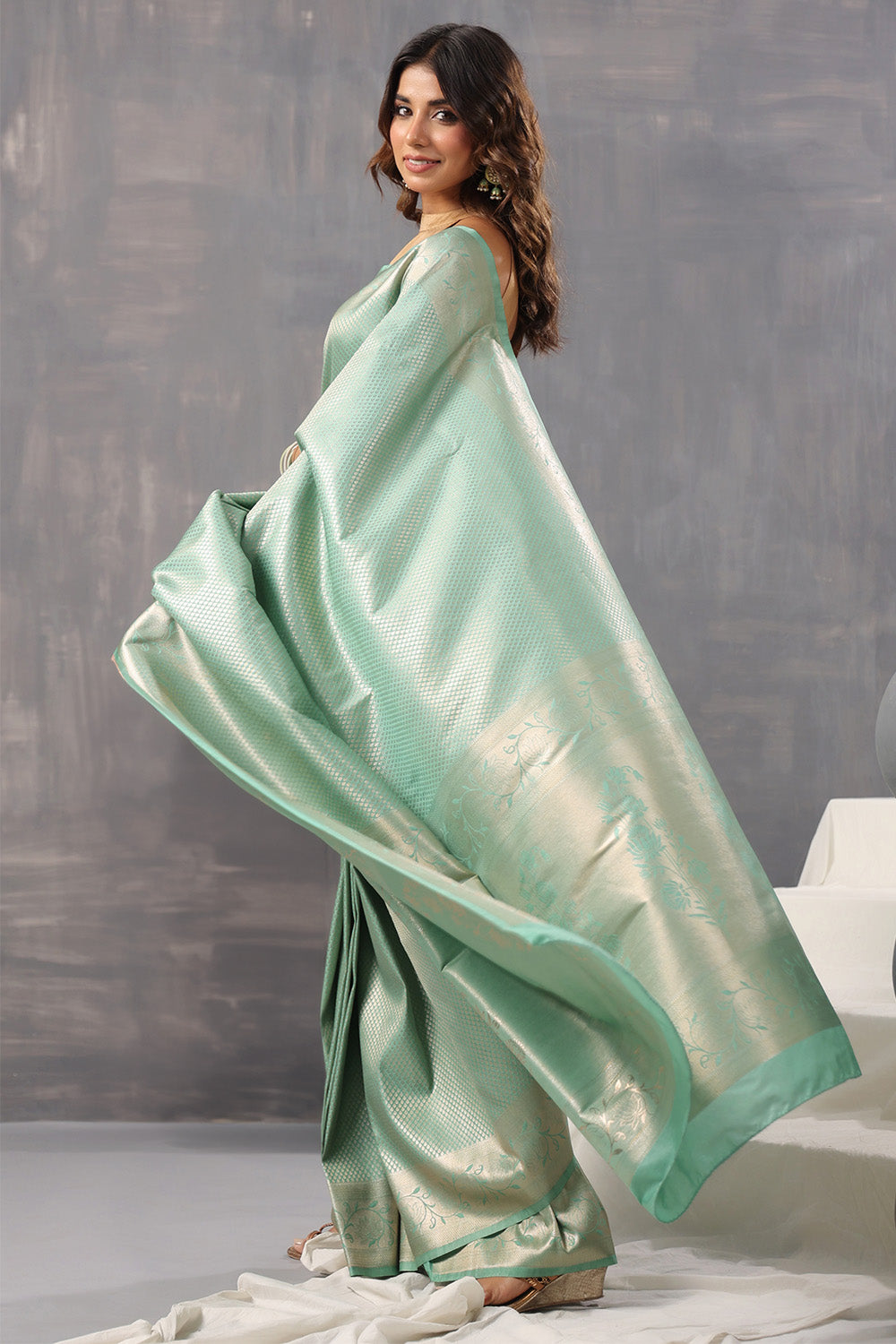 Sea Green Color Silk Woven Saree