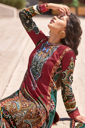 Maroon Color Spun Printed Unstitched Suit Material