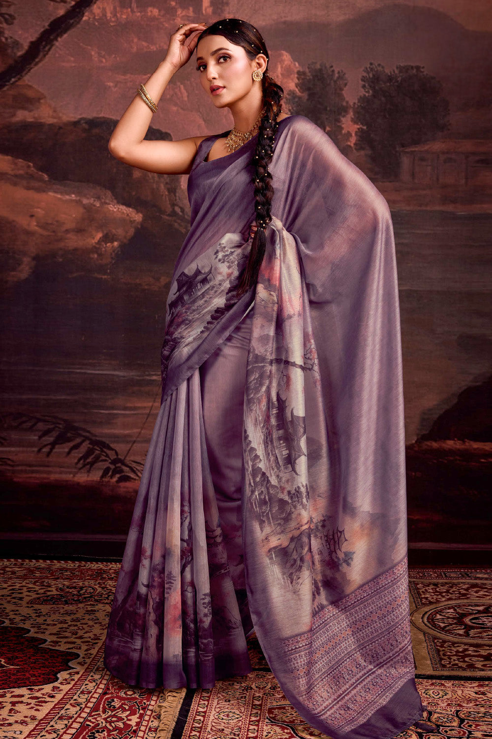 Lavender Color Printed Chanderi Cotton Saree