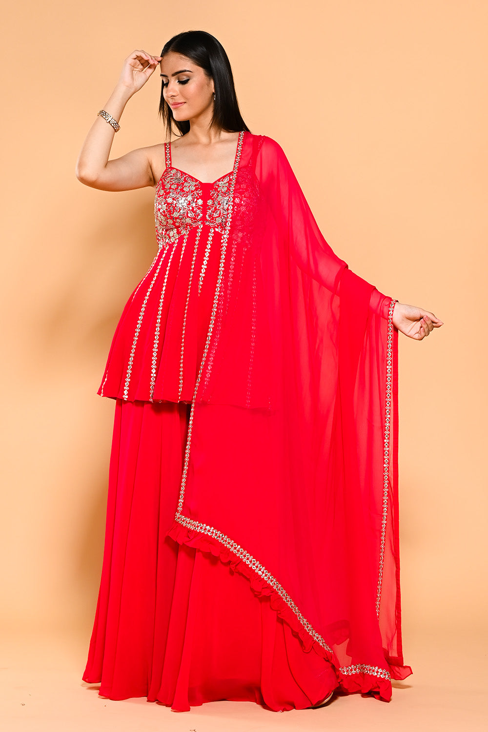 Red Color Embroidered Georgette Peplum Sharara Suit