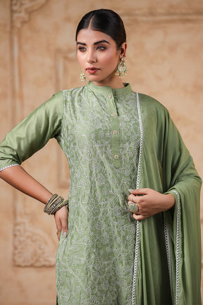 Green Color Chanderi Resham Embroidered Straight Suit