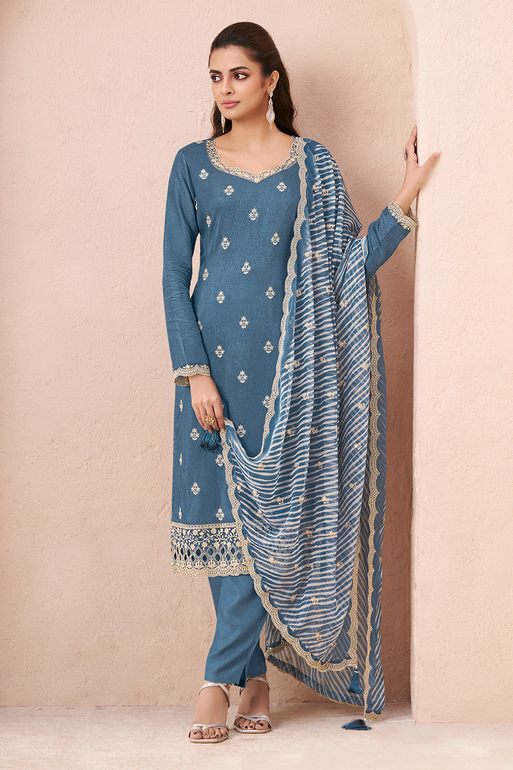 Metallic Blue Color Chiffon Silk Thread Embroidered Unstitched Suit Fabric