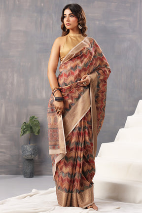 Brown Color Cotton Printed Saree