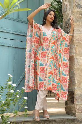 Beige Color Muslin Printed Kaftan Set