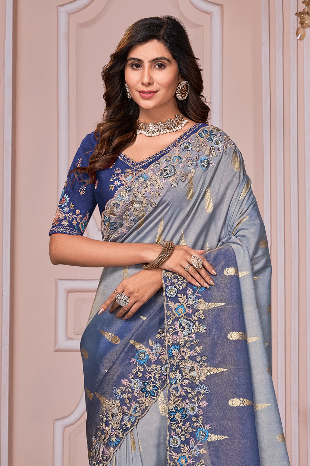 Indigo Color Silk Tissue Fabric Woven & Embroidered Saree