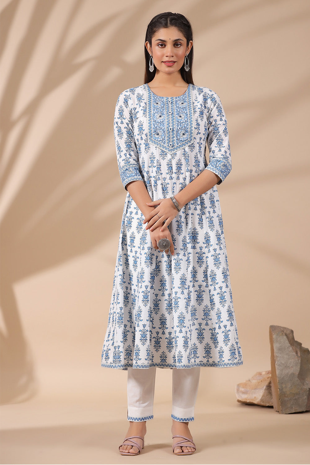 Cream & Blue Color Floral Printed Cotton Anarkali Suit