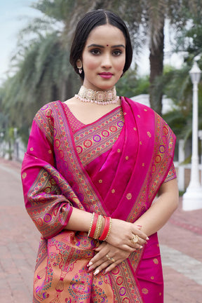 Fuchsia Pink Color Pathani Work Silk Saree