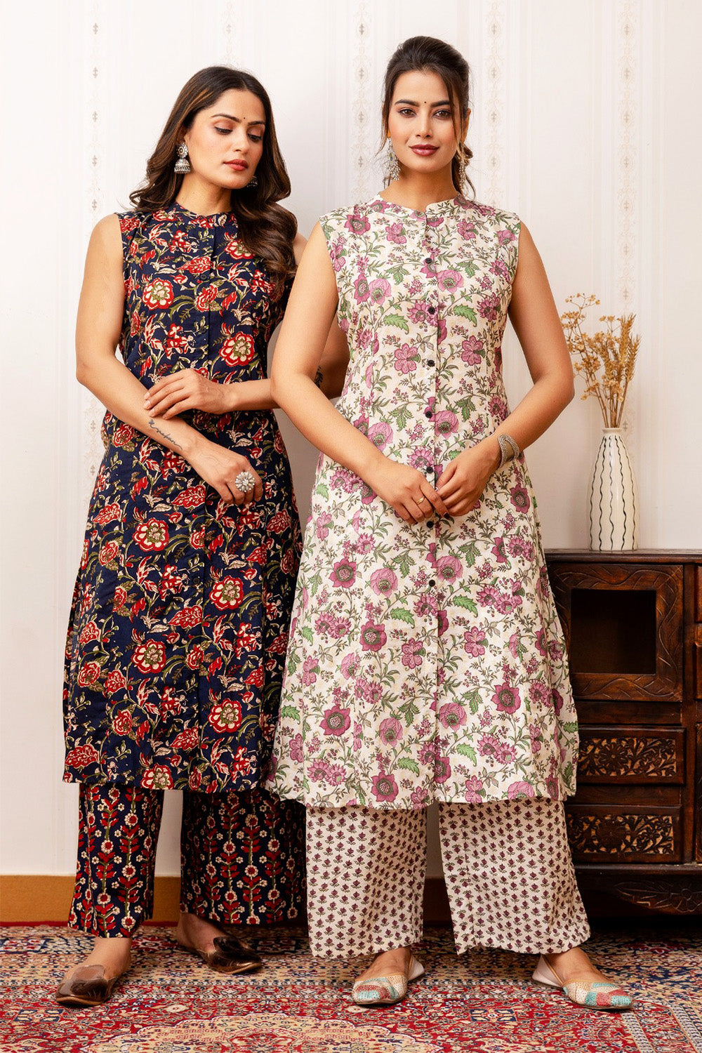 Navy Blue Color Floral Printed Cotton Kurta Set