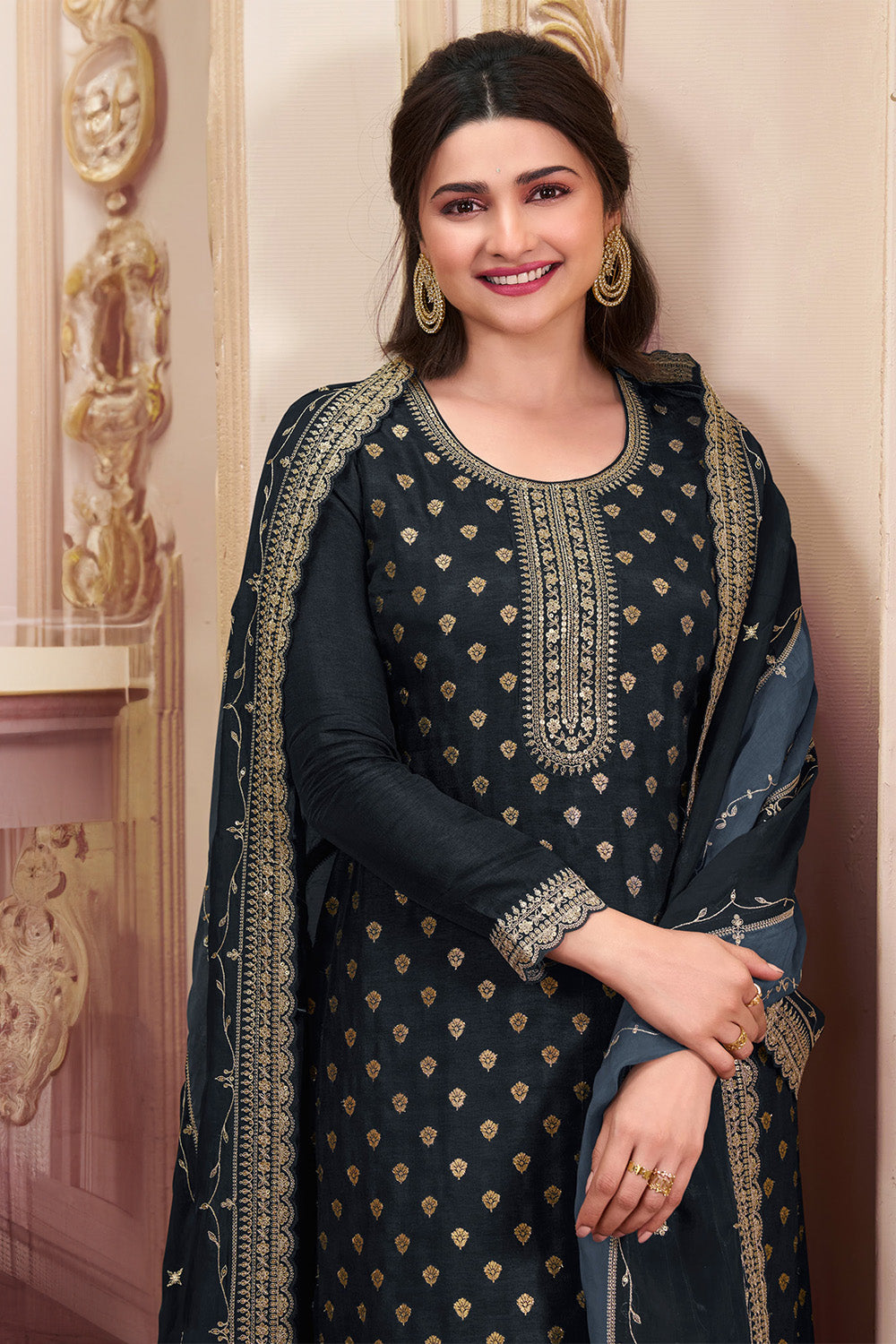 Black Color Zari Embroidered Silk Unstitched Suit Fabric