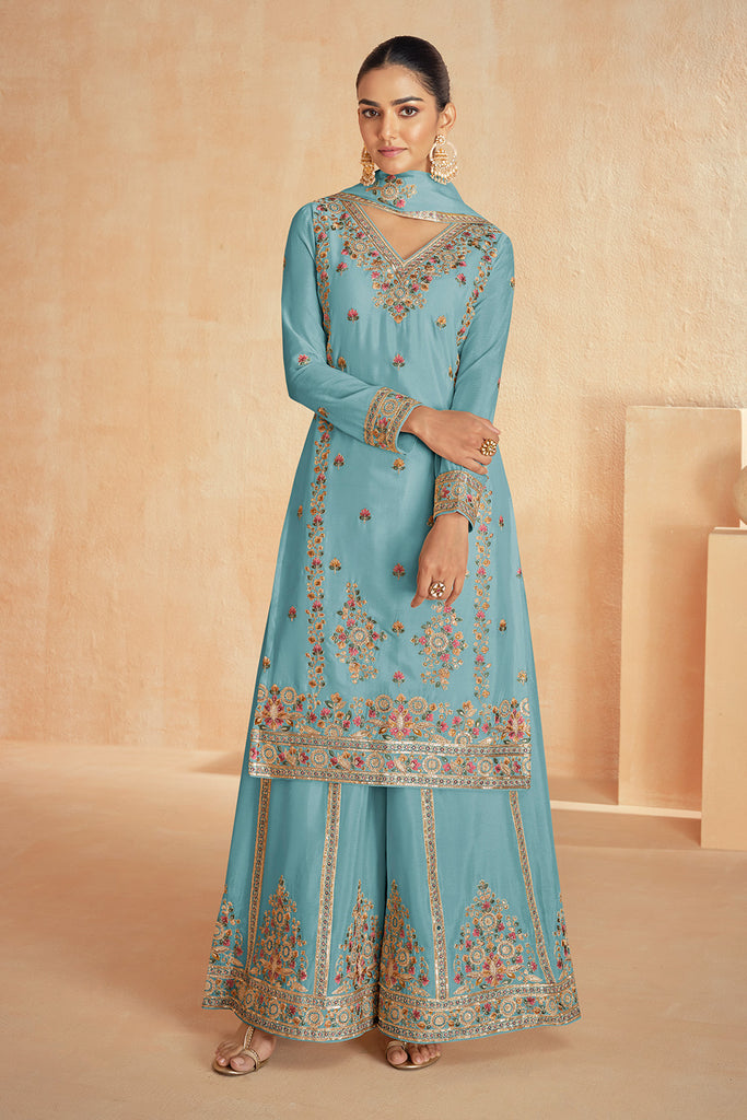 Turquoise Color Crepe Silk Resham Embroidered Suit With Palazzo