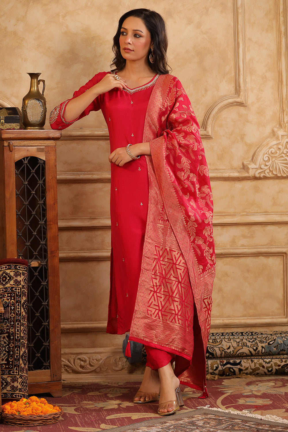 Red Color Silk Embroidered Straight Suit With Woven Dupatta