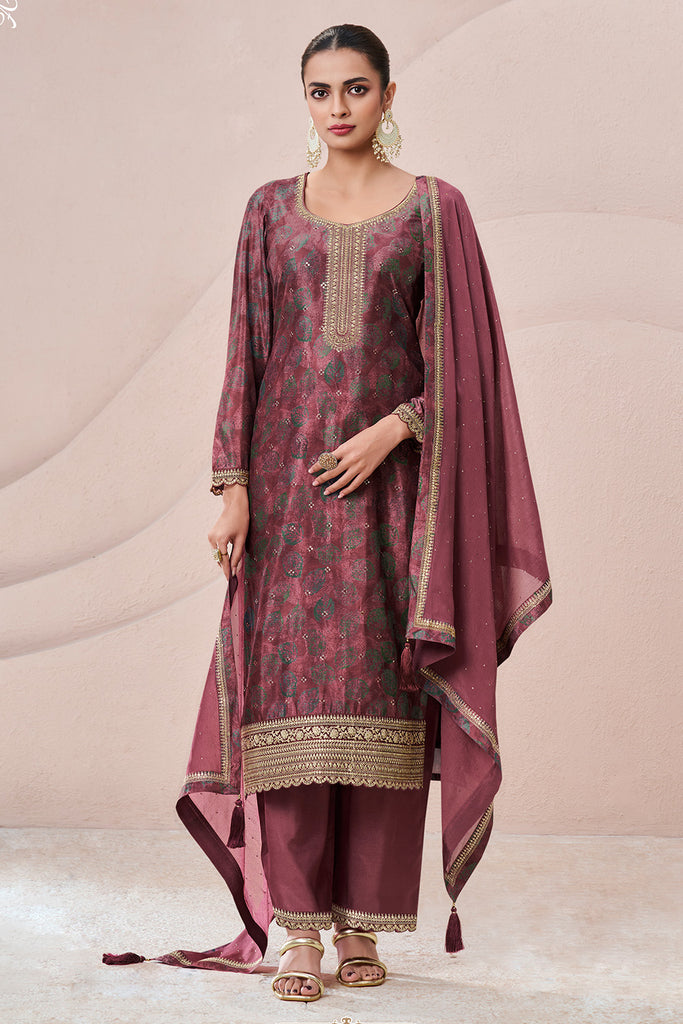 Light Maroon Color Chinon Silk Printed and Embroidered Unstitched Suit Material