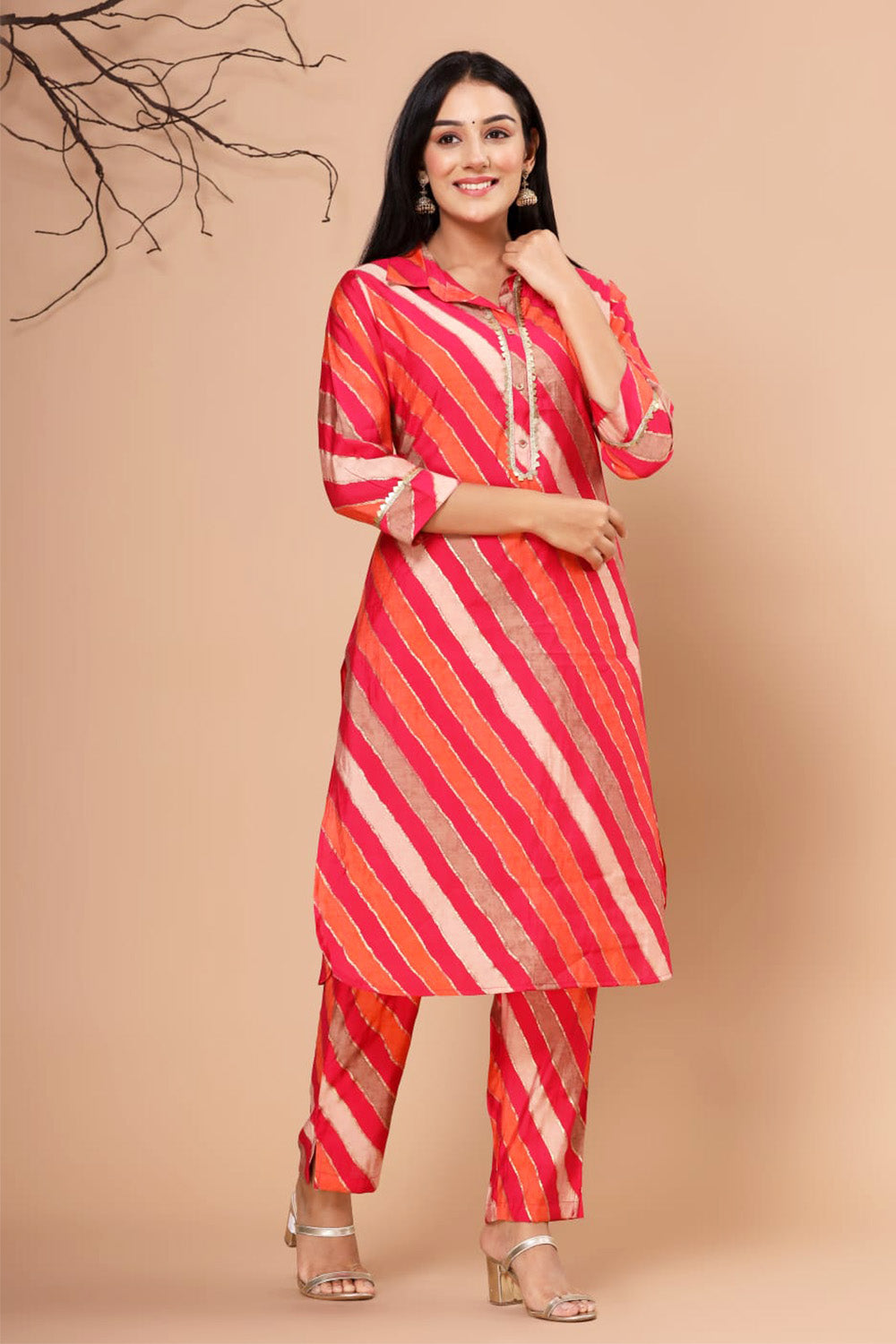 Orange & Fuchsia Color Muslin Printed Kurta Set