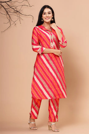 Orange & Fuchsia Color Muslin Printed Kurta Set