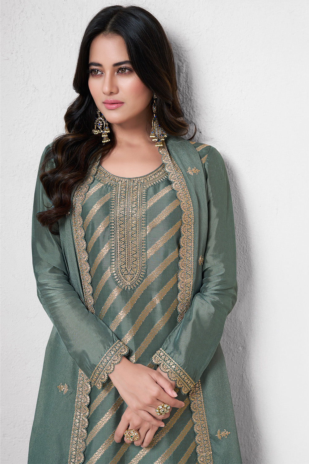 Sea Green Organza Zari Woven And Embroidered Unstitched Suit Material