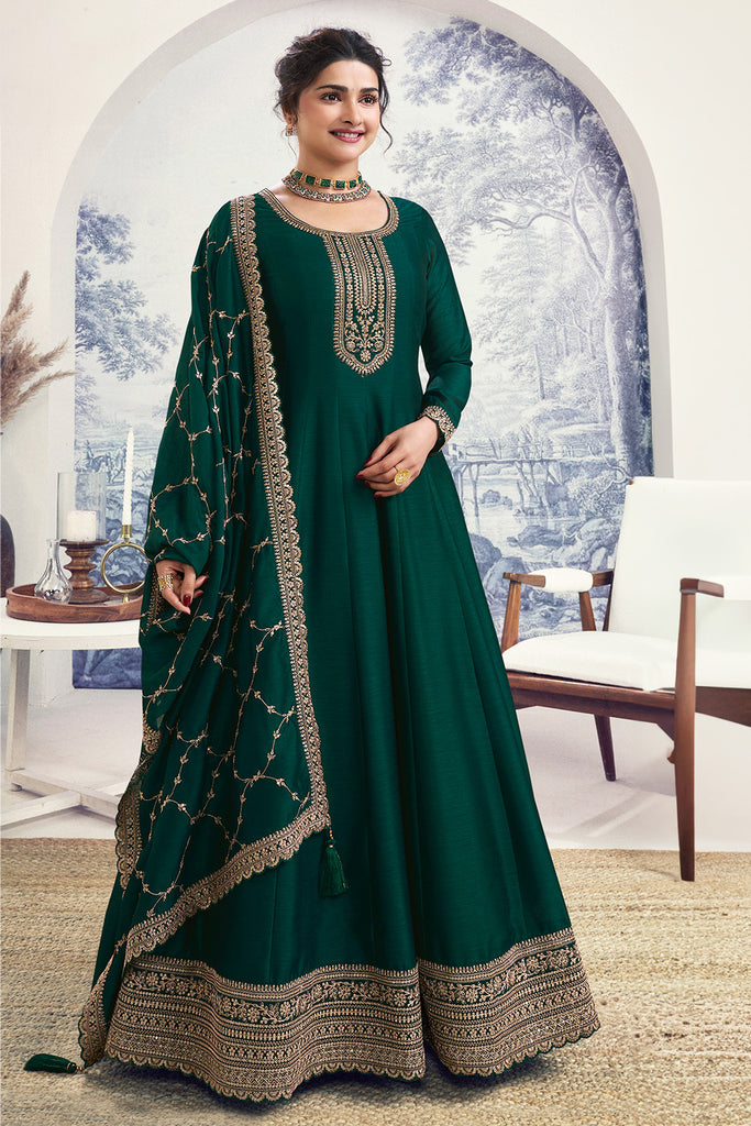 Bottle Green Color Silk Zari Embroidered Semi-Stitched Suit Material