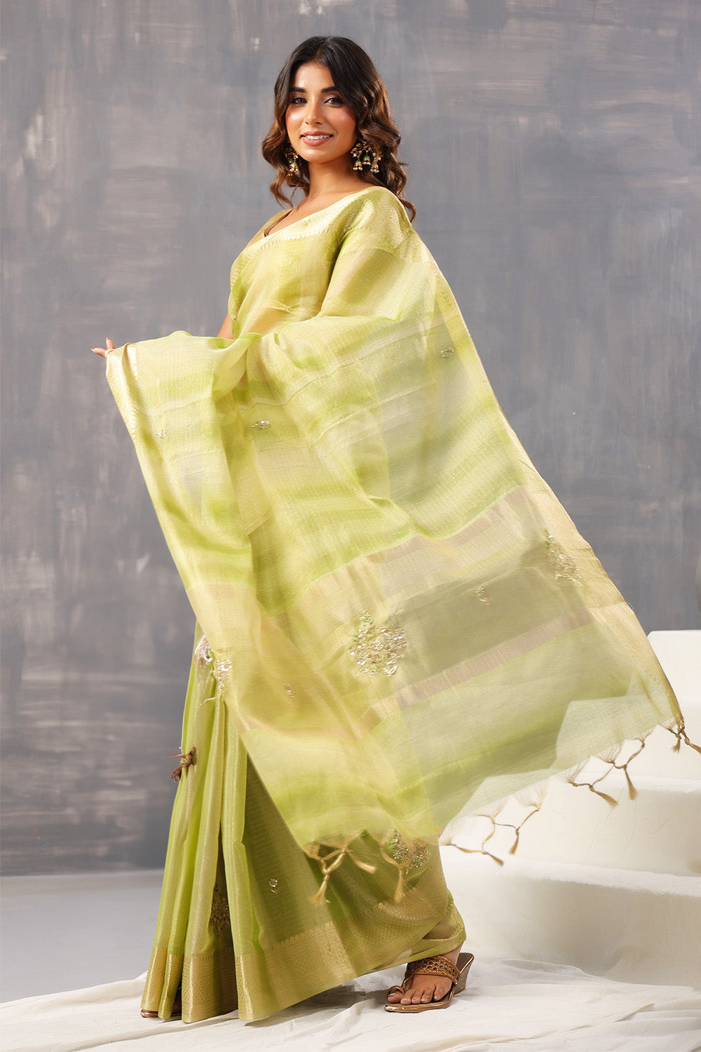 Green Color Organza Tissue Golden Zari Woven Saree