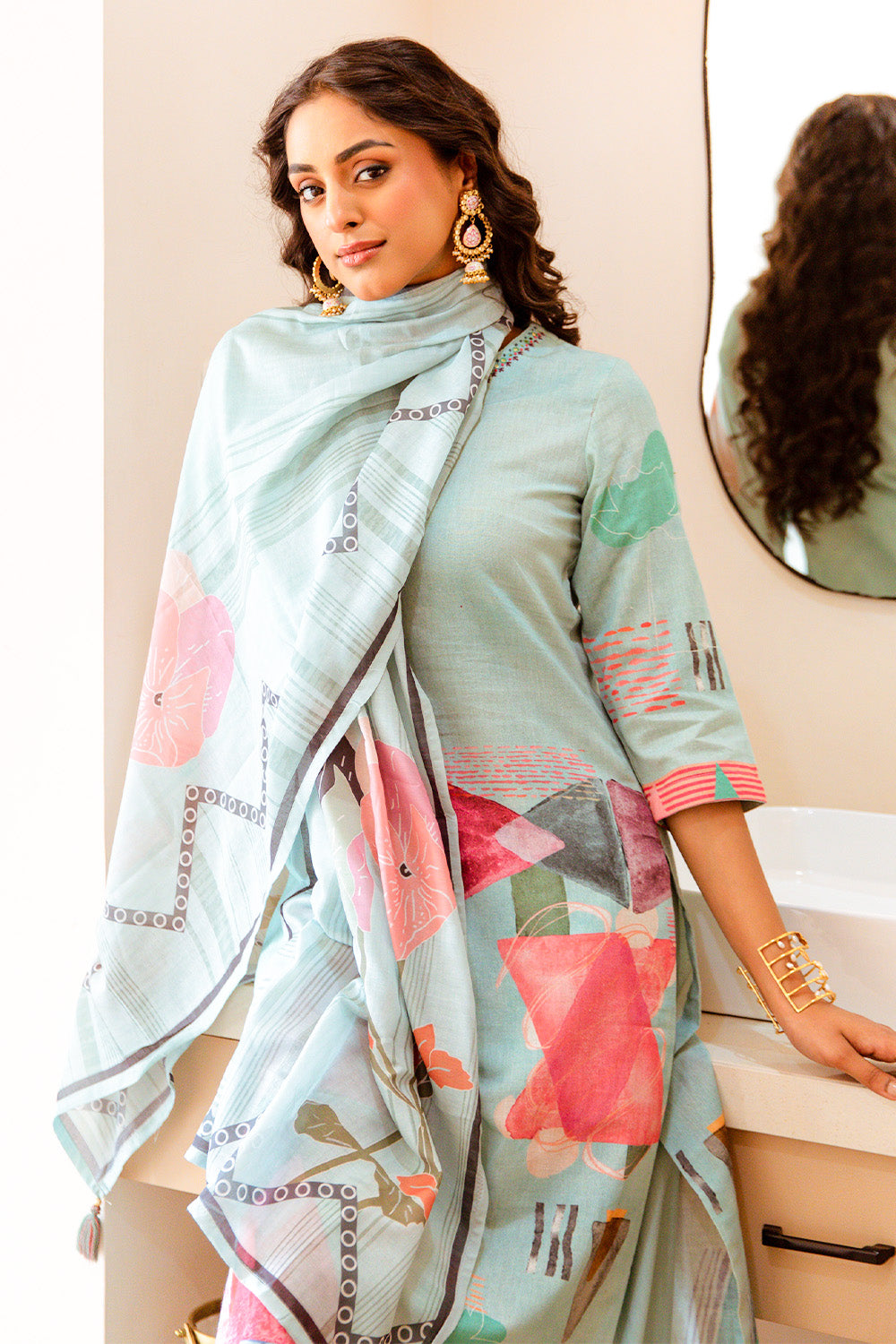 Sea Green Color Khadi Cotton Printed Suit