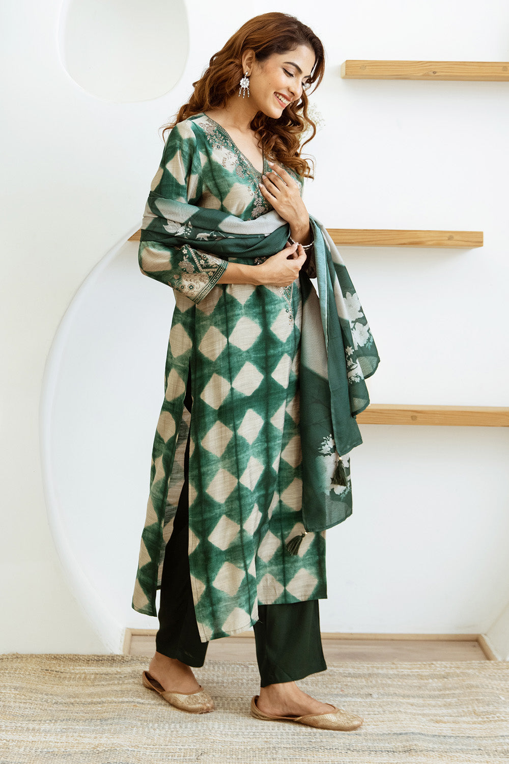 Green & Beige Color Muslin Checks Printed Suit