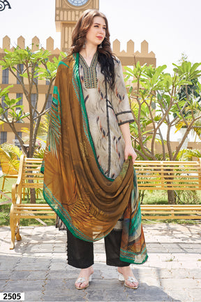 Brown & Beige Color Muslin Printed Unstitched Suit Material