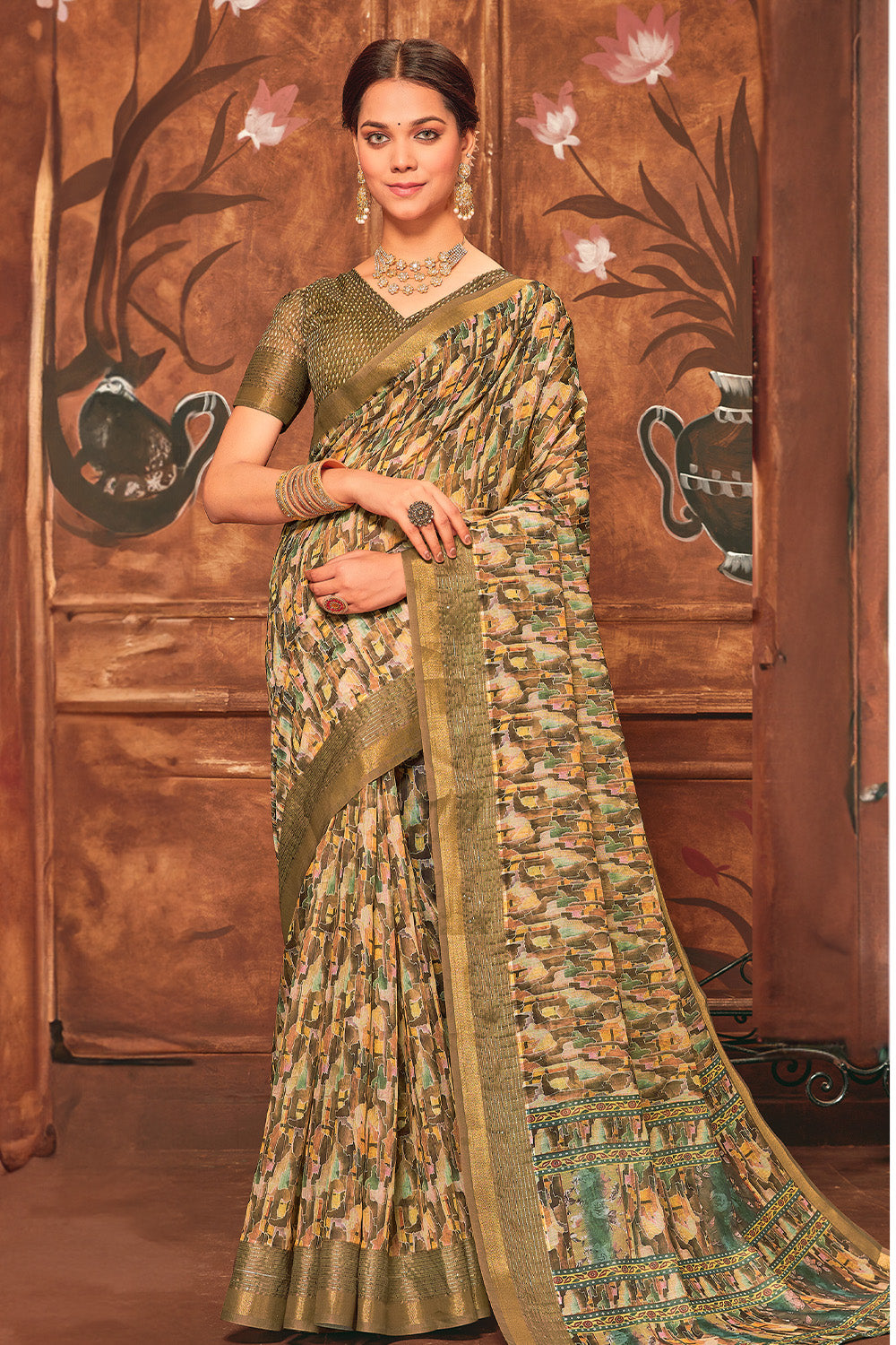 Olive Green Color Digital Printed Cotton Saree