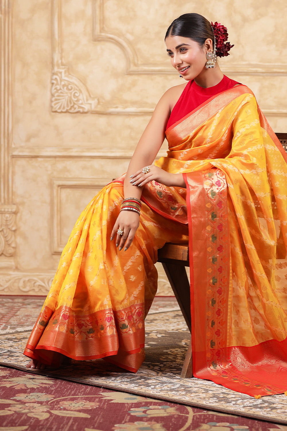 Mustard Color Organza Cotton Woven Saree