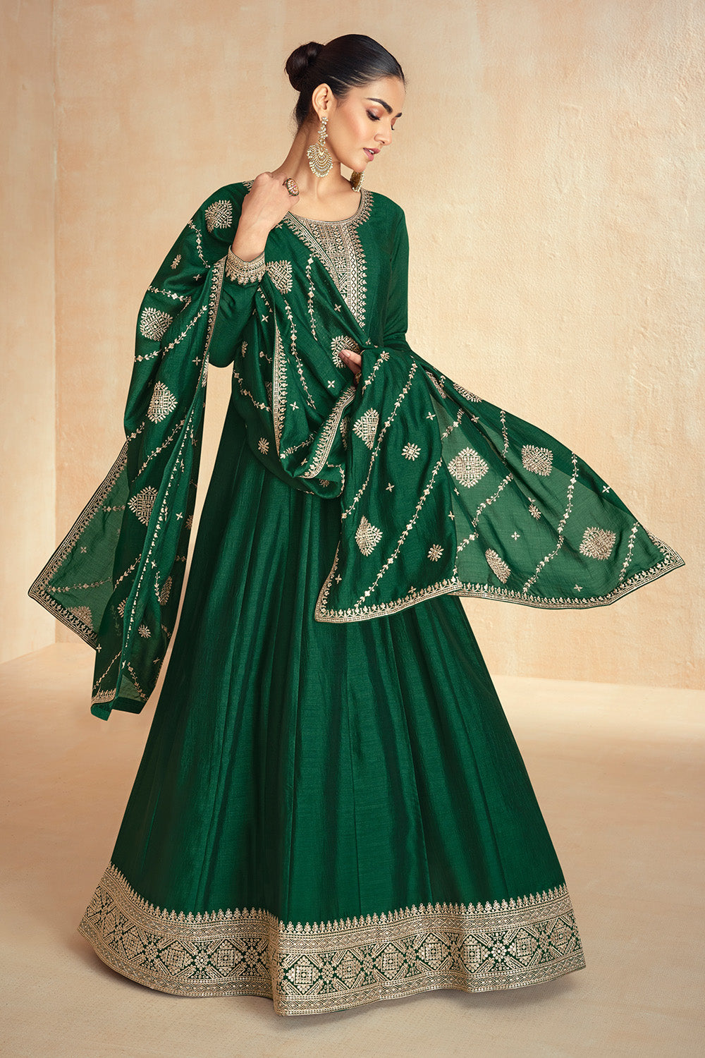 Bottle Green Color Silk Embroidered Anarkali Suit