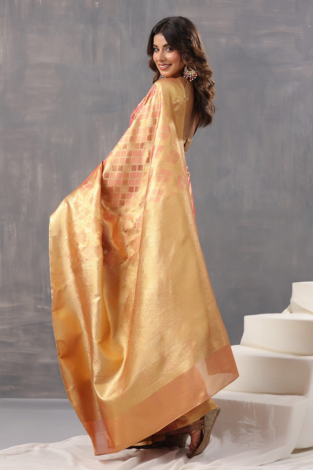 Golden & Coral Color Silk Woven Saree