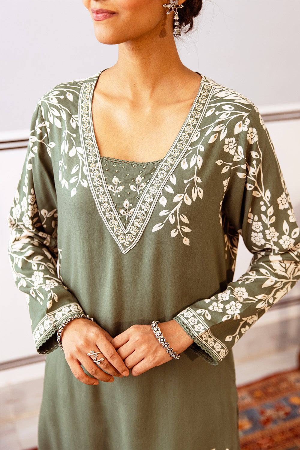 Green Color Floral Rayon Printed Kurta Set With Palazzo