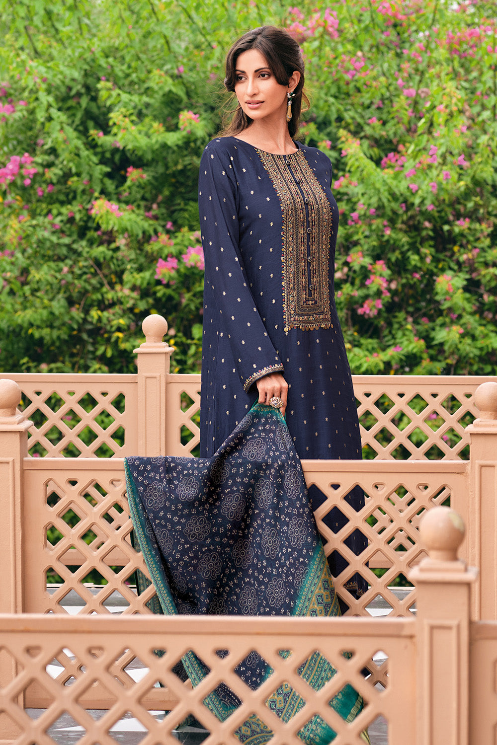 Navy Color Silk Embroidered Unstitched Suit Material